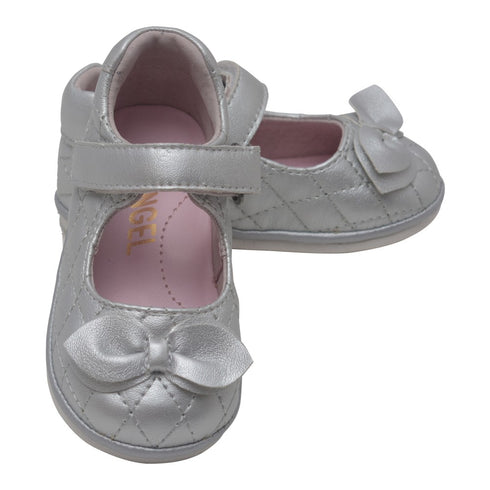 Angel Baby Girls Silver Quilted Strap Bow Mary Jane Shoes 1-3 Baby - SophiasStyle.com